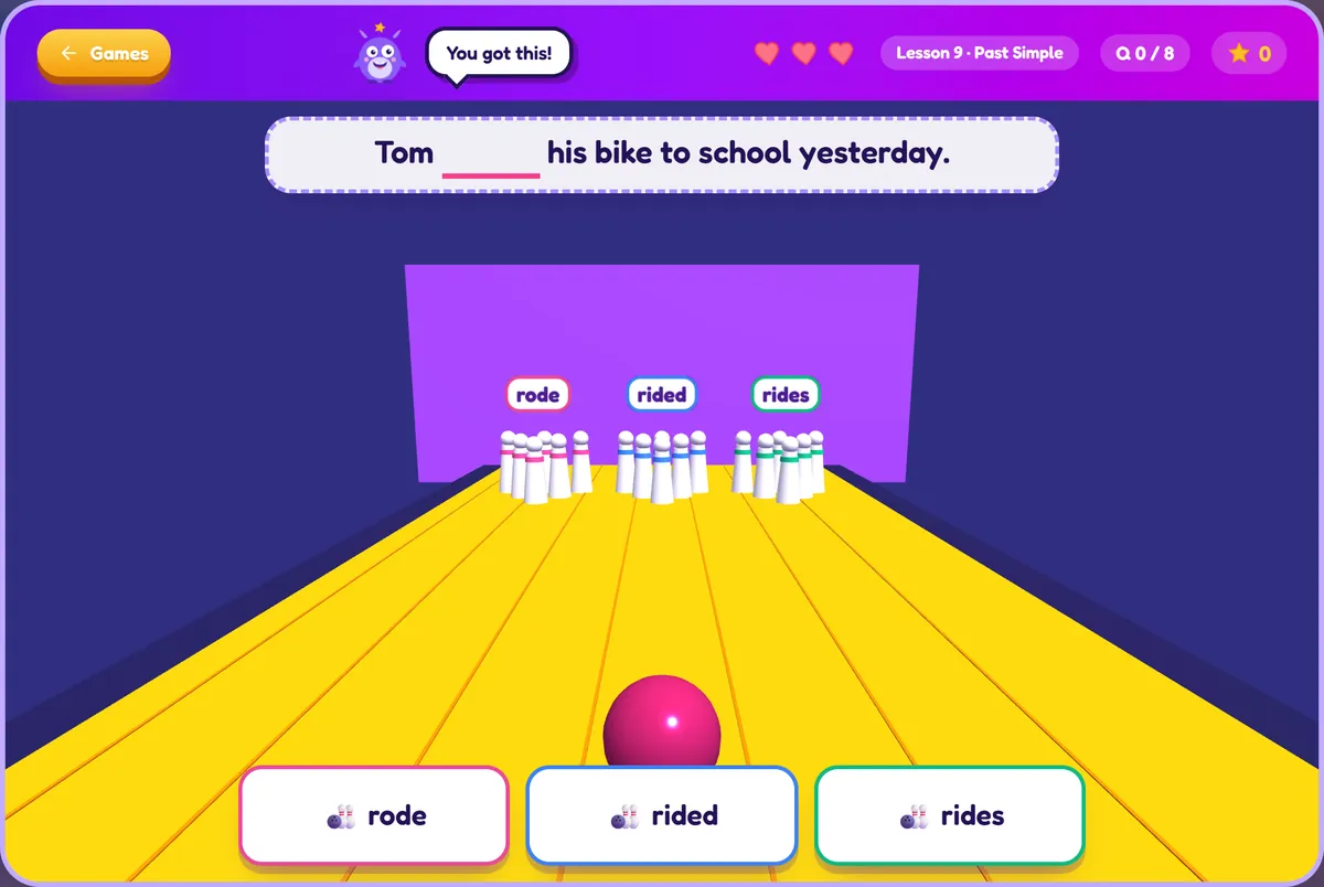 Bowling 3D: Roll the ball at the pins with the right word. Strike!