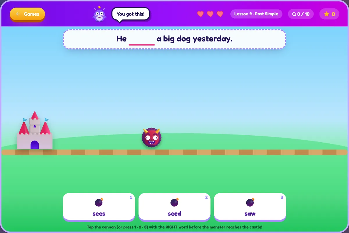 Castle Defense: Fire the cannon with the right word before the monster arrives.
