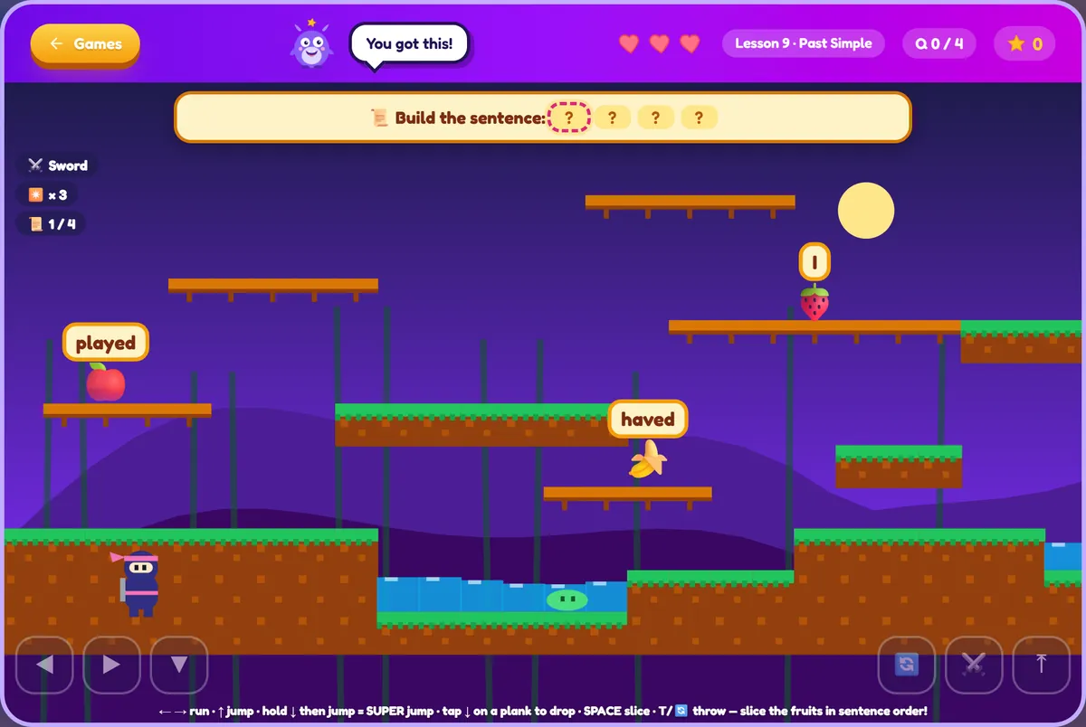 Fruit Ninja Quest: Explore a whole level and slice the word-fruits in sentence order.