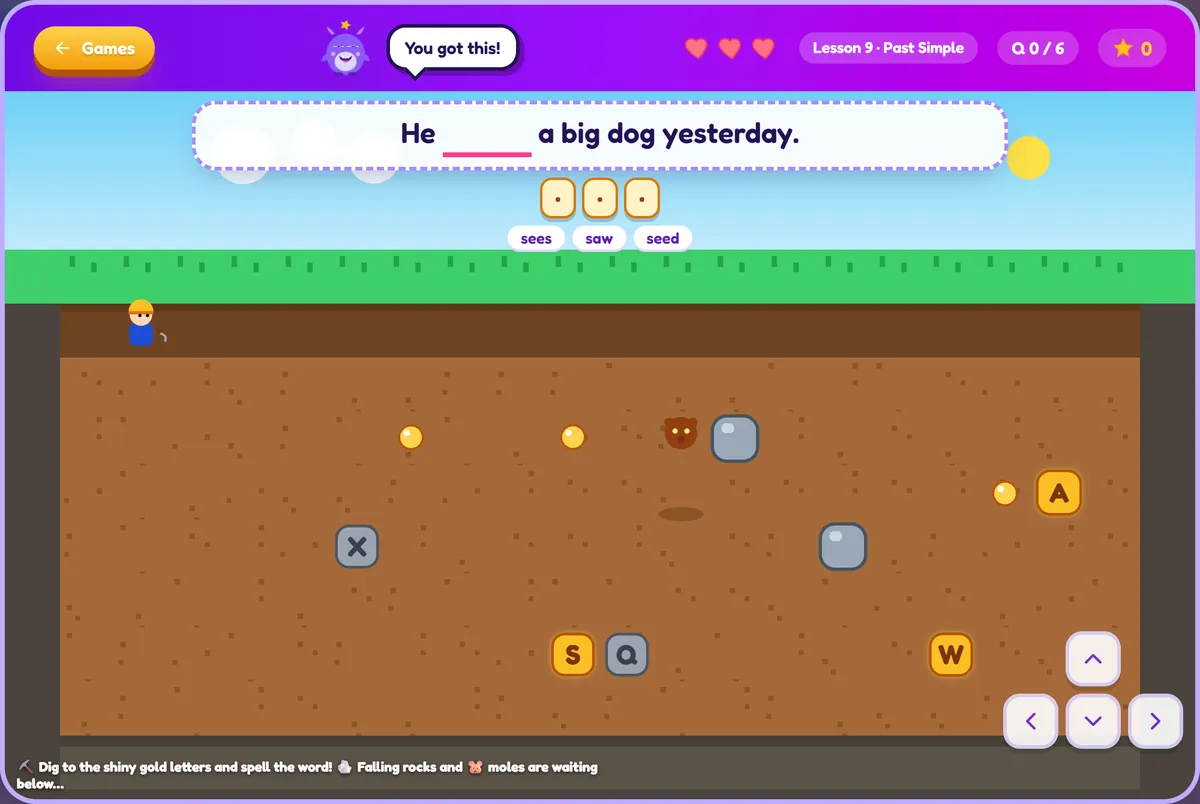 Letter Miner: Dig for golden letters and spell the missing word.